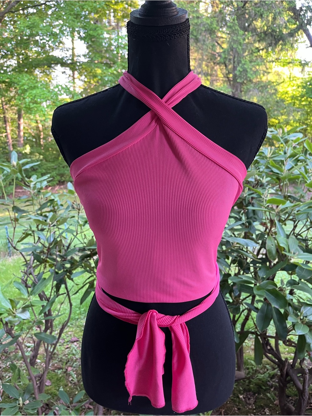 Hot Pink Ribbed Crisscross Halter Tie-Back Crop Top